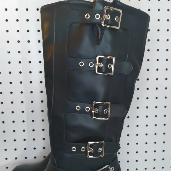 Women's 12.5" Knee High Moto Boots Buckle Strap Gothic Low Chunky Platform Black - Picture 3 of 10